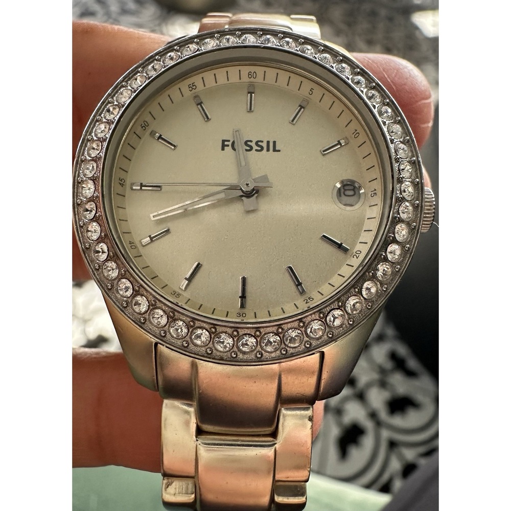 *Fossil Scarlette Mini Date‎ Gold Watch Faux Diamonds 255300 Small Wrist 7"